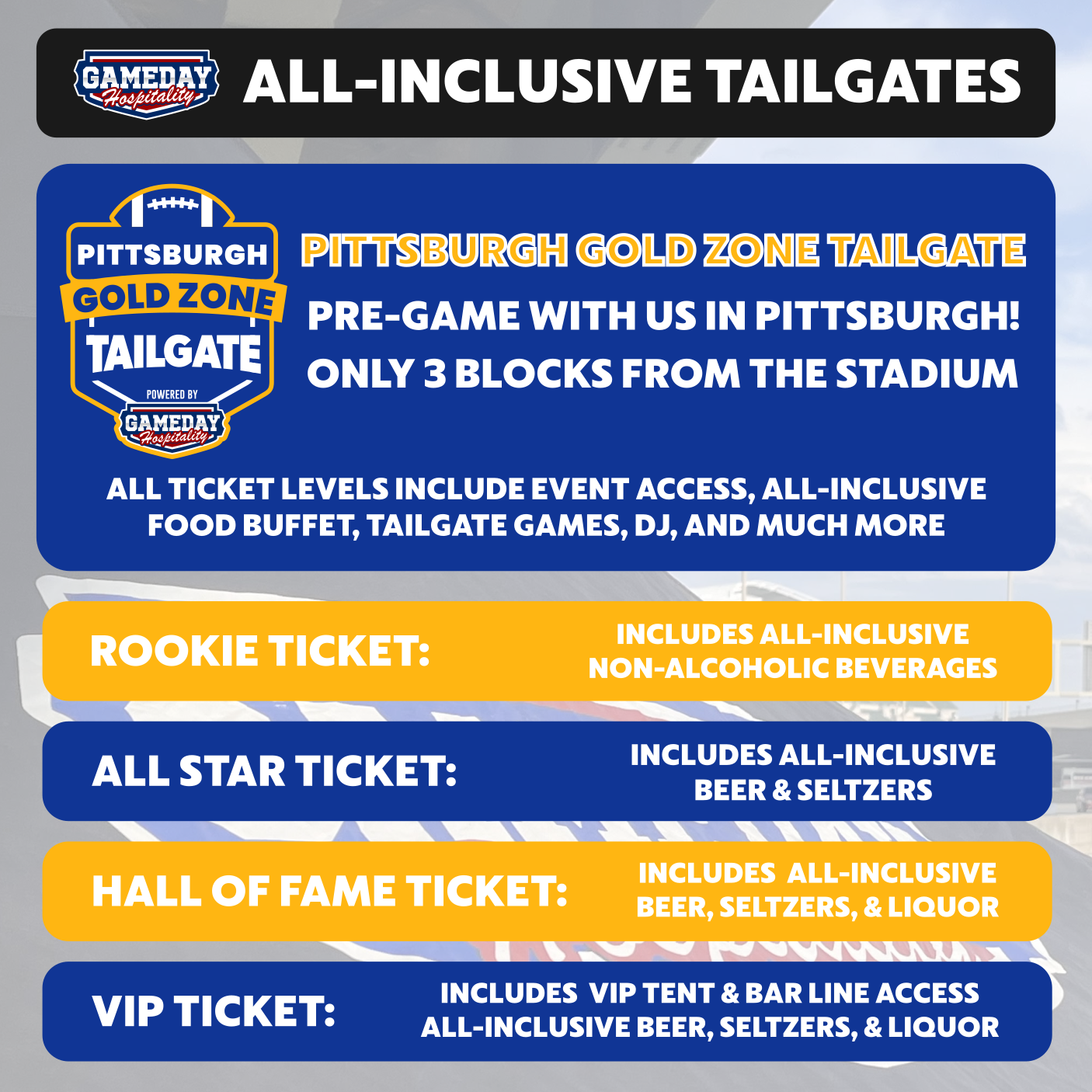 Pittsburgh Blue & Gold Zone Tailgate at Gameday Hospitality – Pittsburgh – Pittsburgh, PA